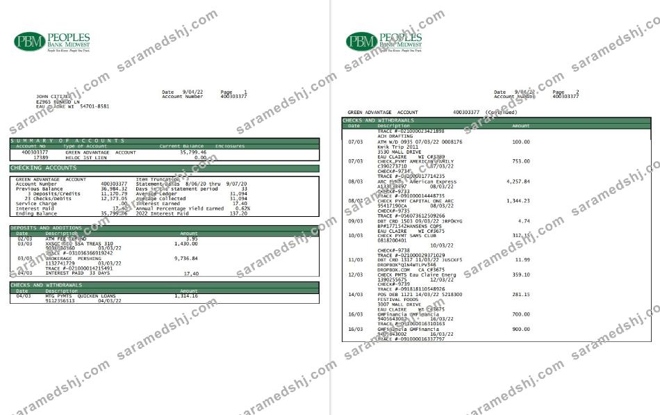 USA Peoples Bank Midwest (PBM) bank statement 5 pages
